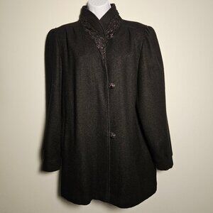 Julia Klein 3‎ Button Black Pea Coat with Lace Collar Vintage with Shoulder Pads